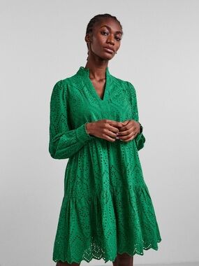 Y.A.S. Green Cotton Eyelet Embroidered Tiered Mini Dress - Small